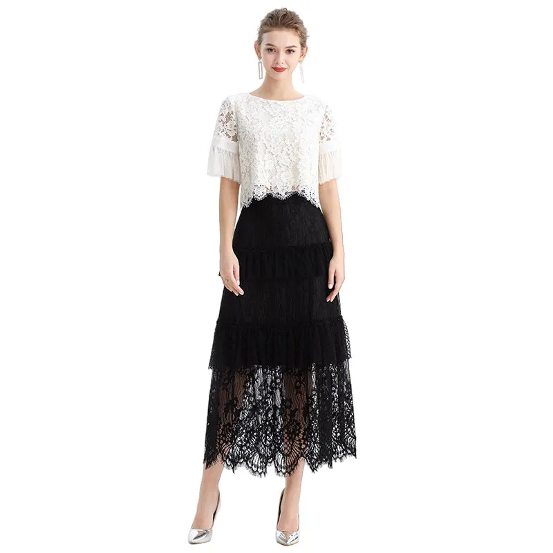 S167-1 Women floral lace Swiss dot tulle tiered ruffle long evening skirt