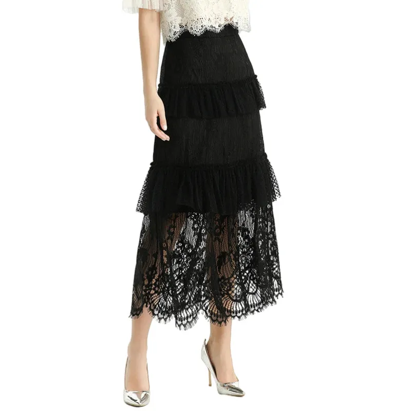 S167-1 Women floral lace Swiss dot tulle tiered ruffle long evening skirt