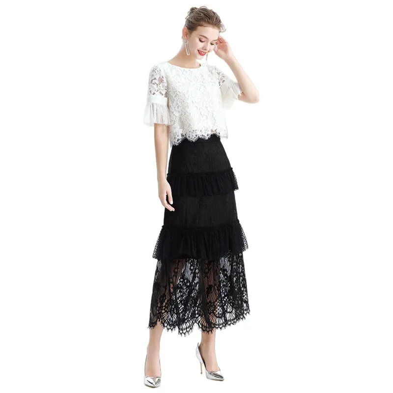 S167-1 Women floral lace Swiss dot tulle tiered ruffle long evening skirt