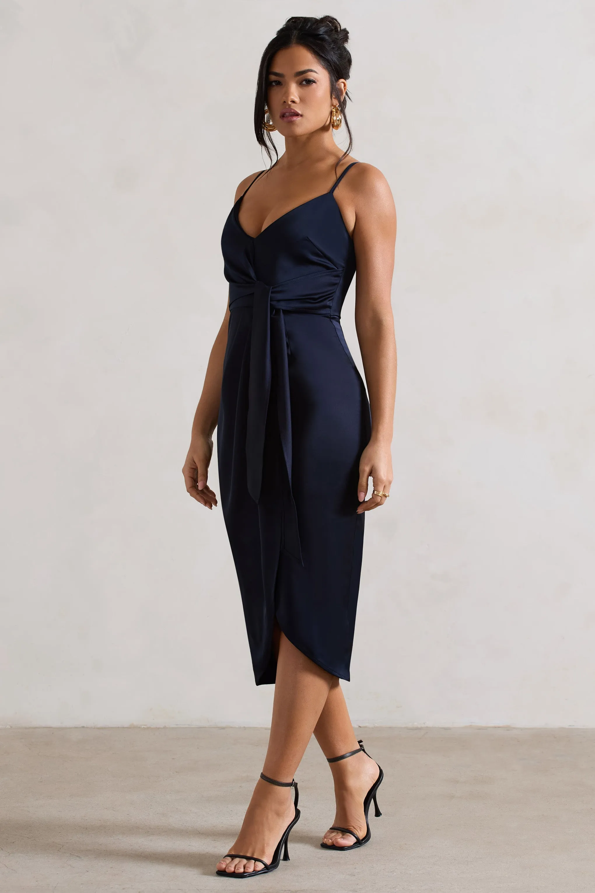 Sabela | Navy Satin Wrap Midi Dress With Knot Detail