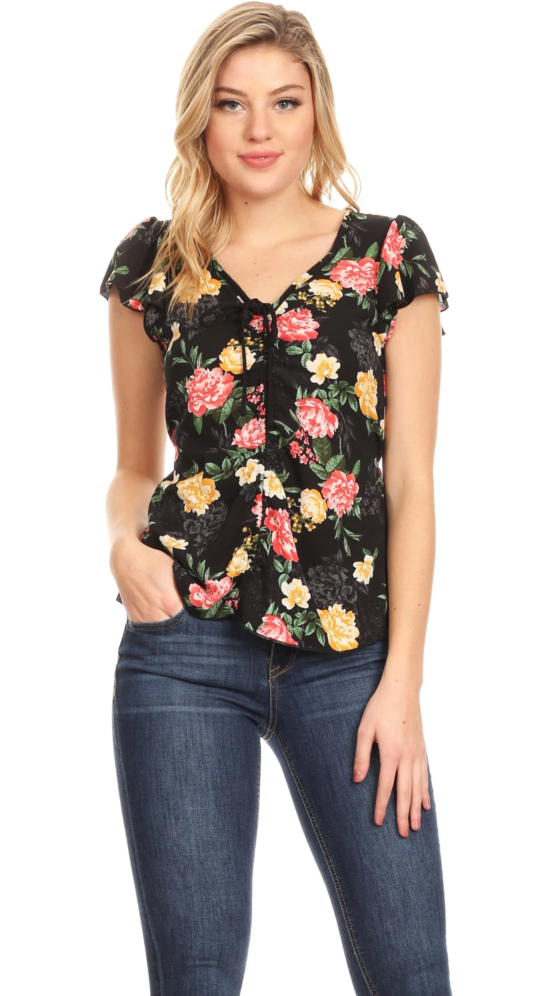 Sakkas Ain Womens Short Sleeve V neck Floral Print Blouse Top Shirt with Ties