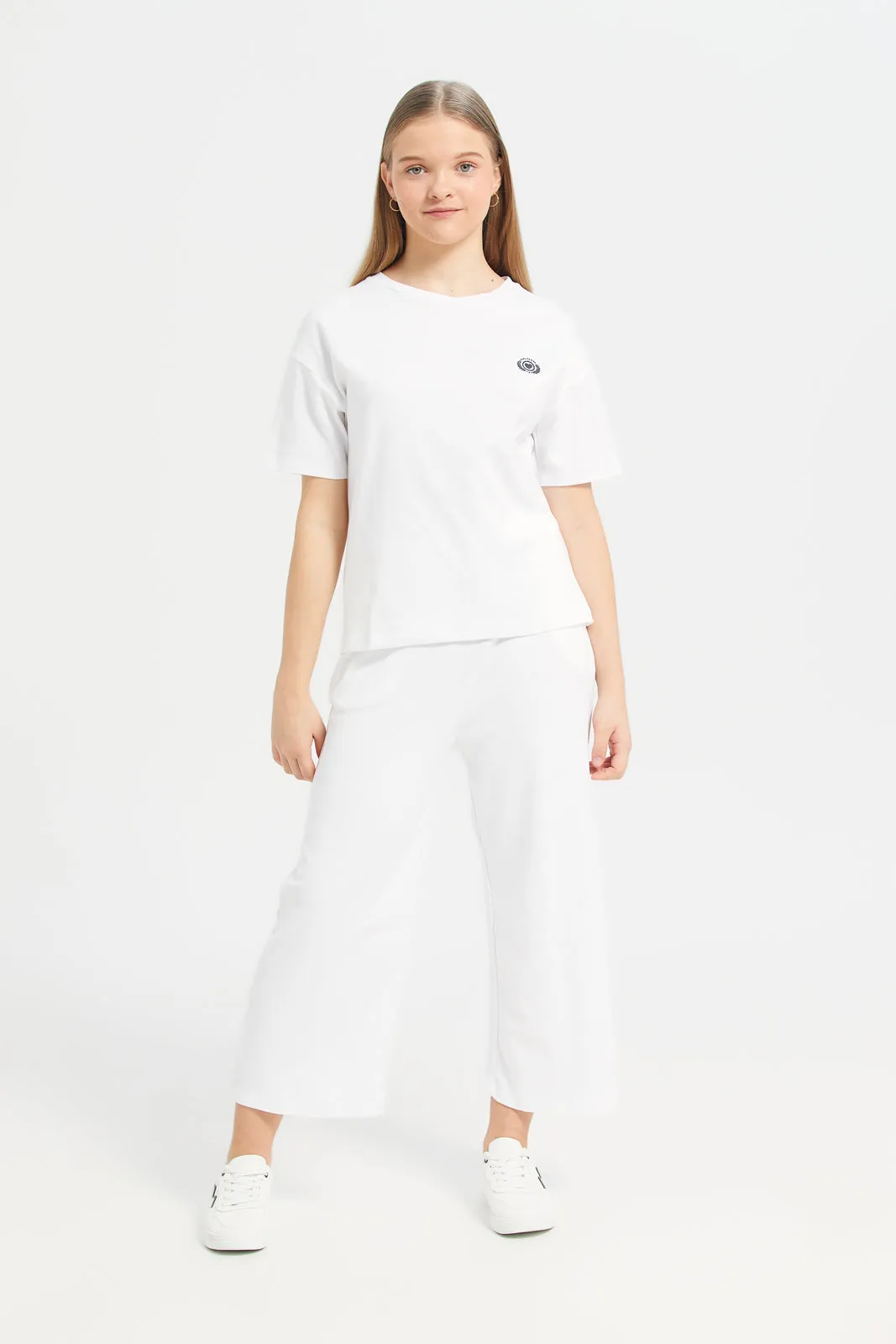 Senior Girls White Plain Wide Leg Pants