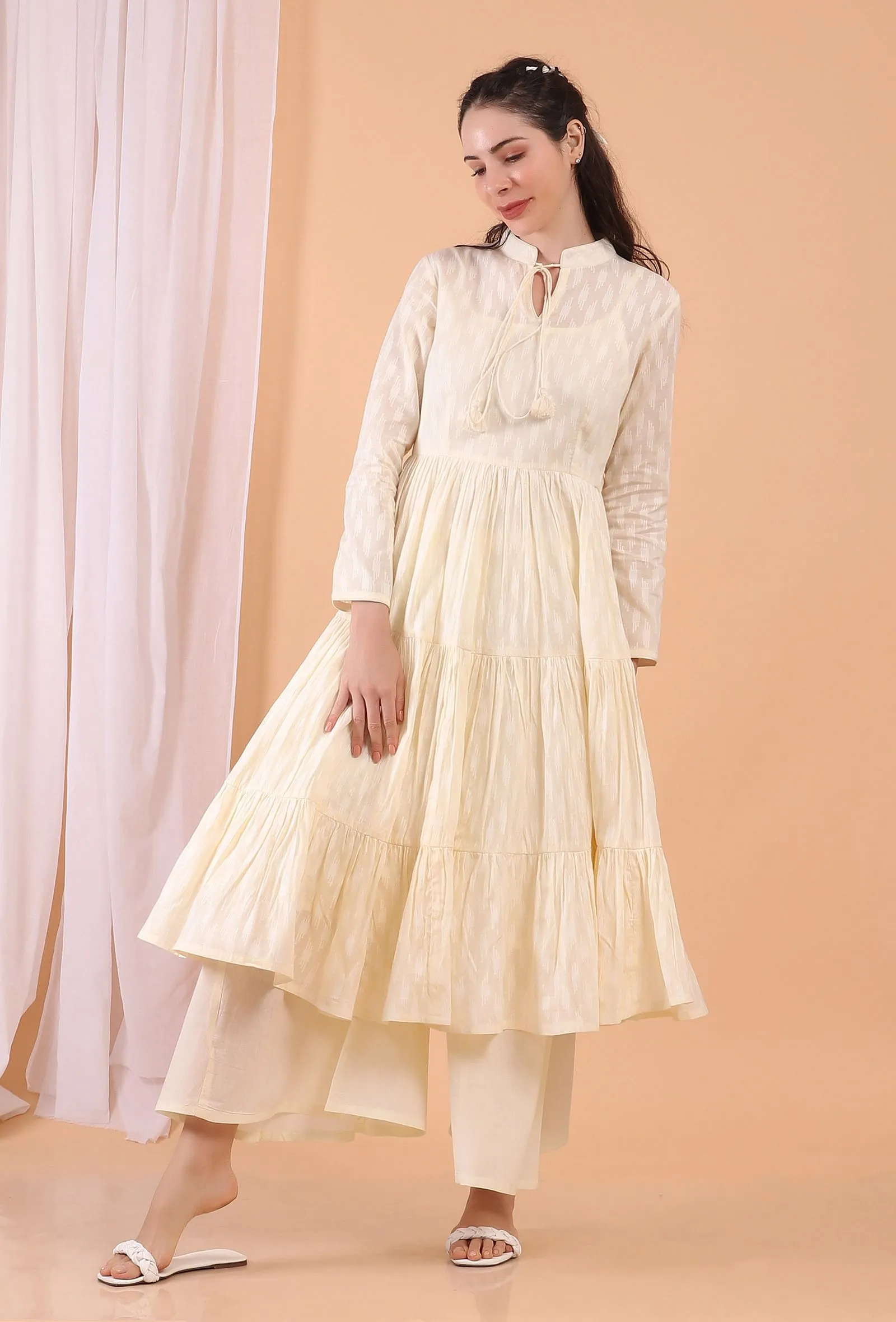 Set of 2: Cream Cotton Tiered Gathered Dress with Pants