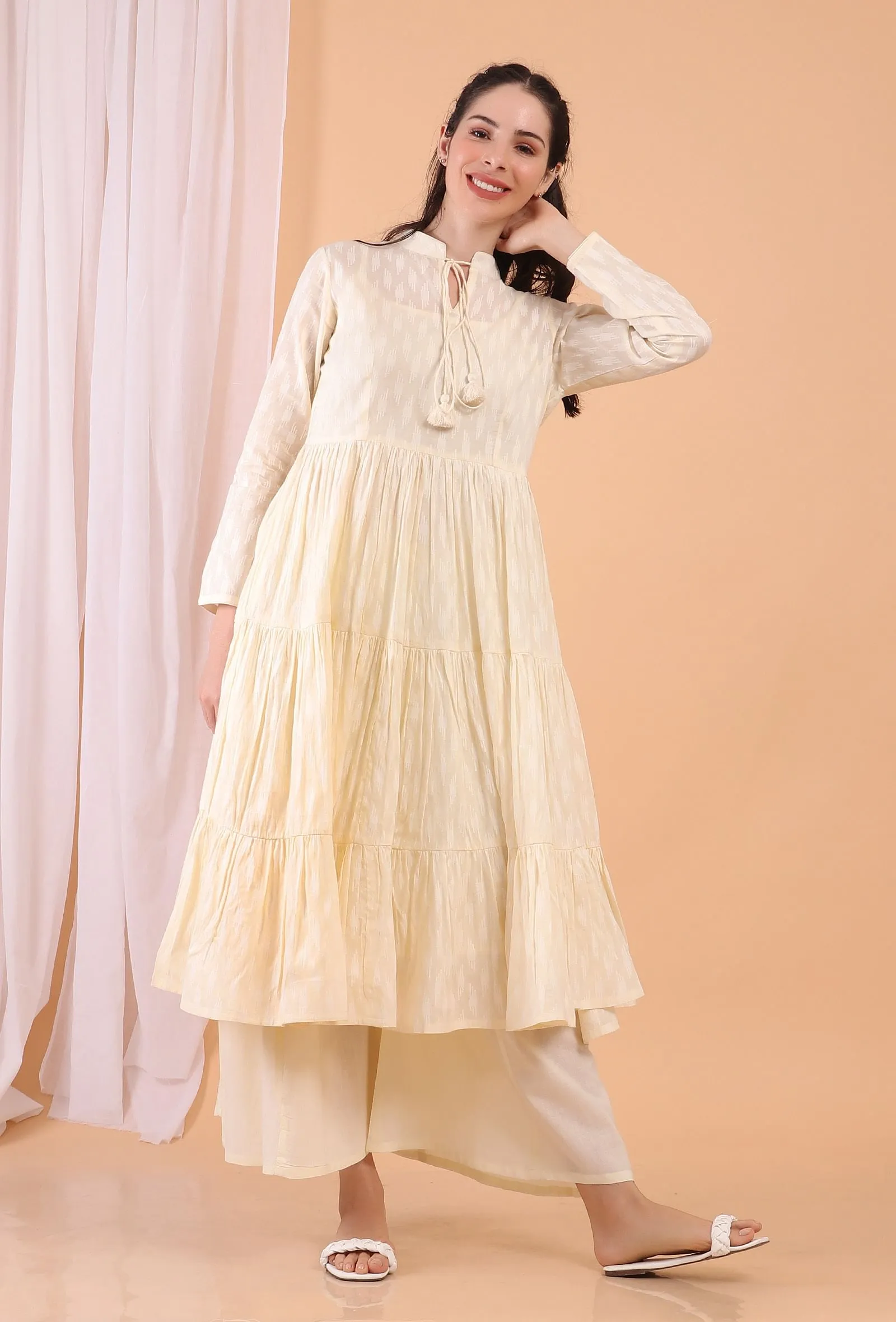 Set of 2: Cream Cotton Tiered Gathered Dress with Pants