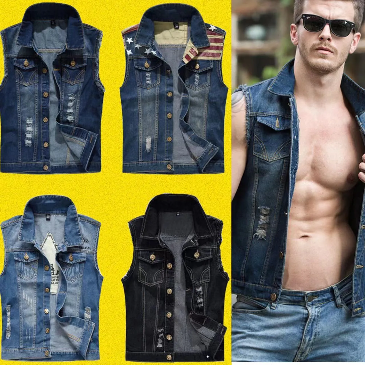 Sleeveless Slim-fit Ripped Denim Vest 80897886YM