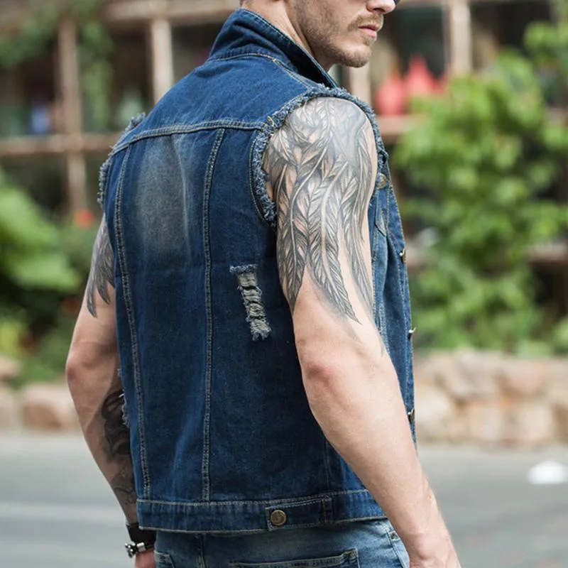 Sleeveless Slim-fit Ripped Denim Vest 80897886YM