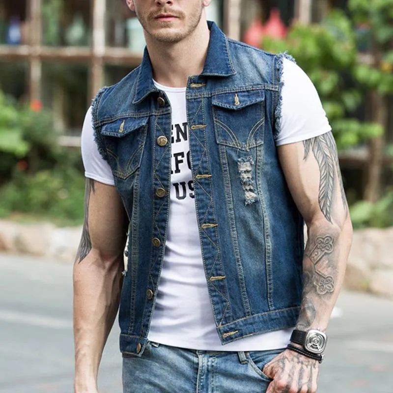 Sleeveless Slim-fit Ripped Denim Vest 80897886YM