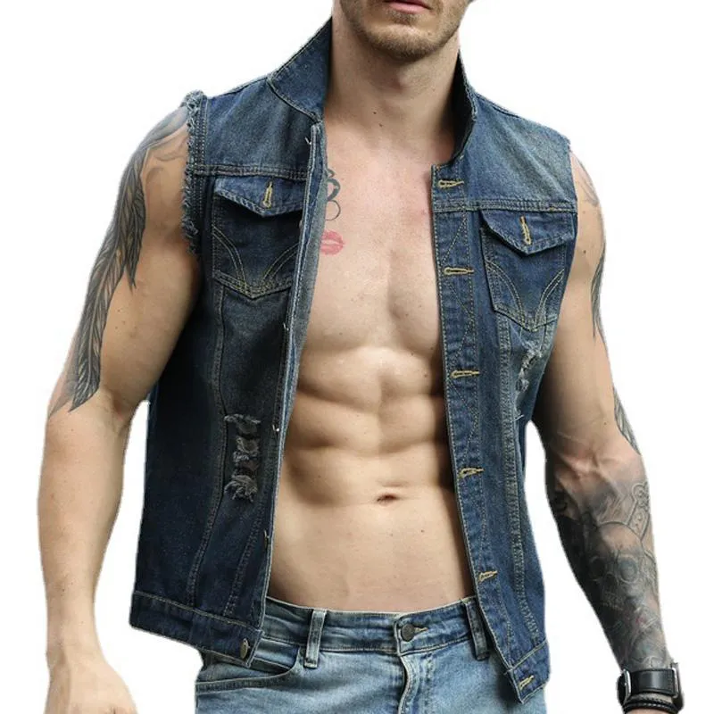 Sleeveless Slim-fit Ripped Denim Vest 80897886YM