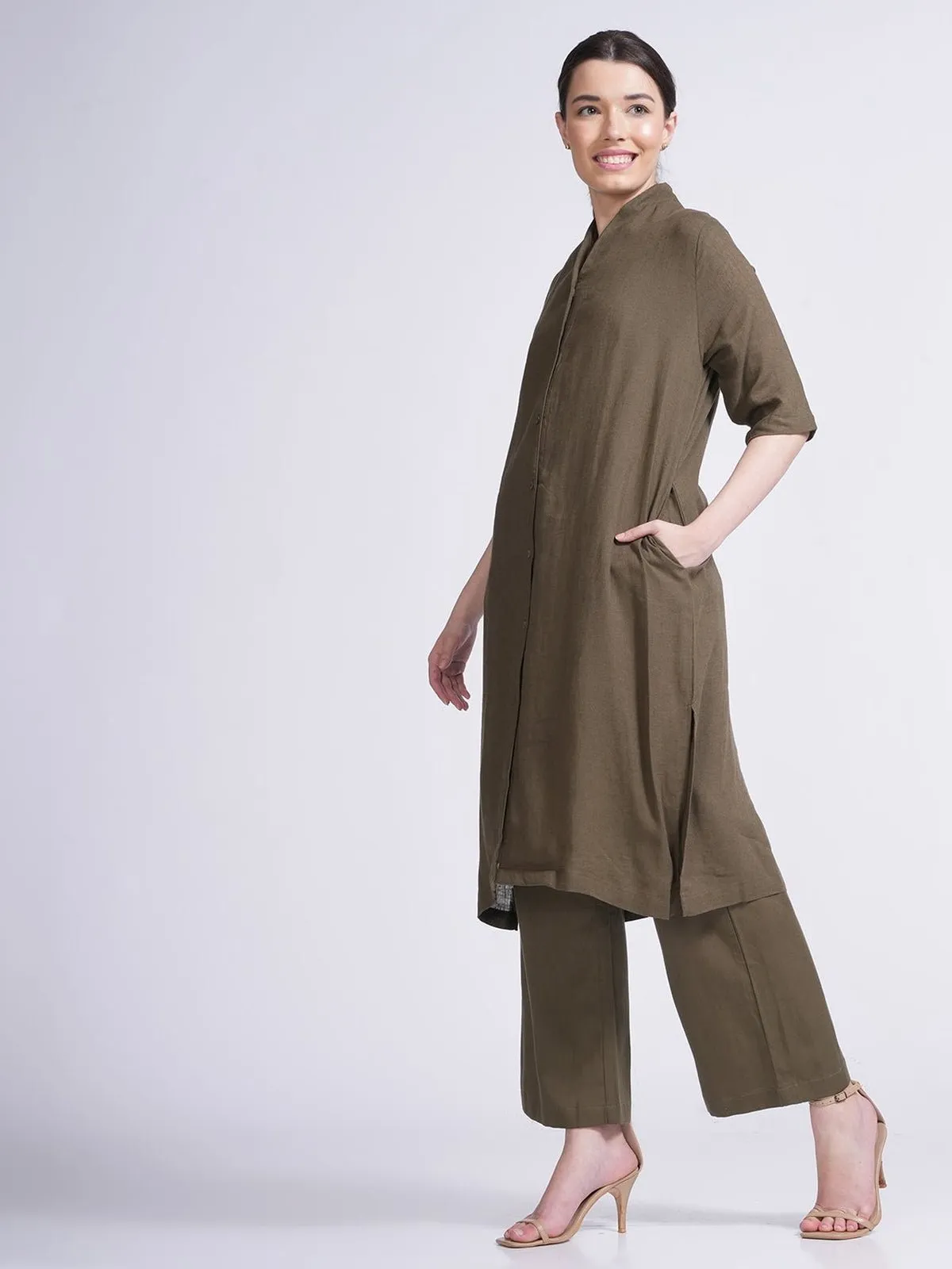 Solid Slip Top with Long Shirt and Wide Leg Pant 3-Piece Co-ord Set