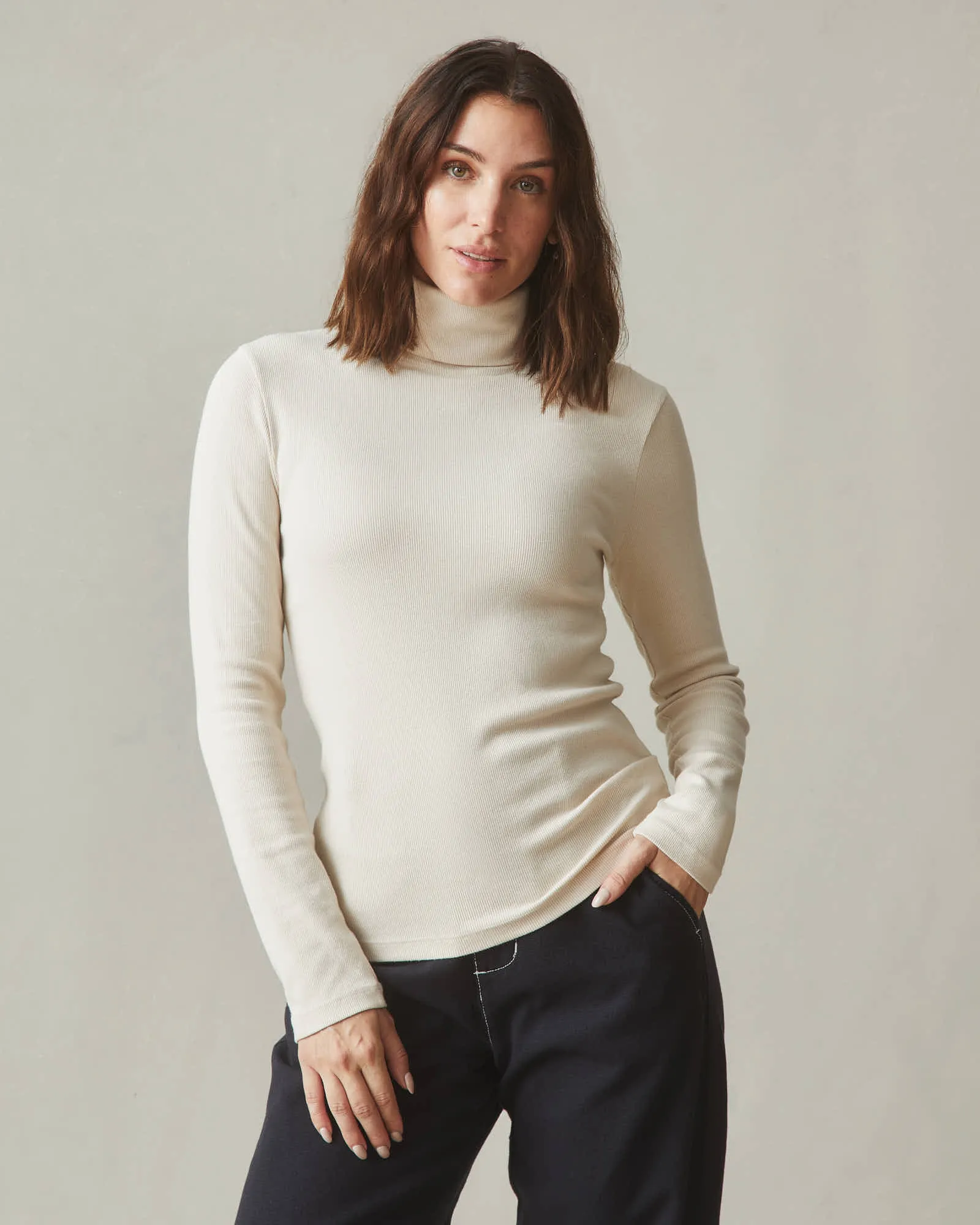 Stretch Rib Turtleneck - Creme Brulee