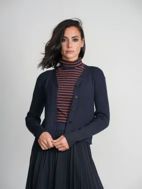 STRIPE RIBBED TURTLENECK-BROWN/NAVY