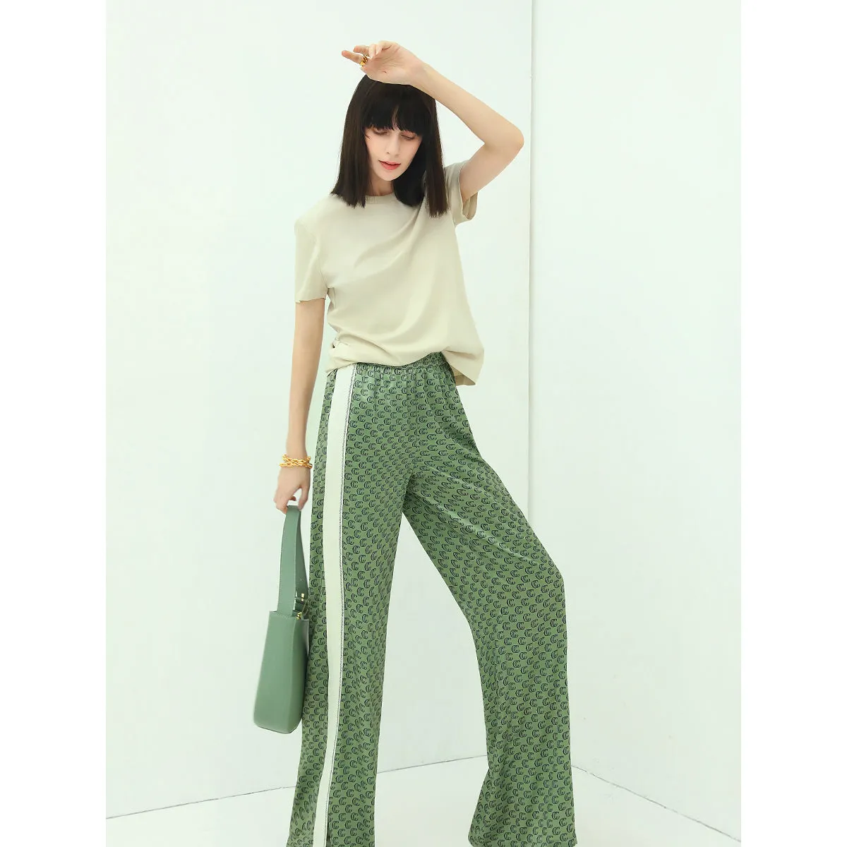 Stylish Monogram Satin Green Pants with Side Panel Slit