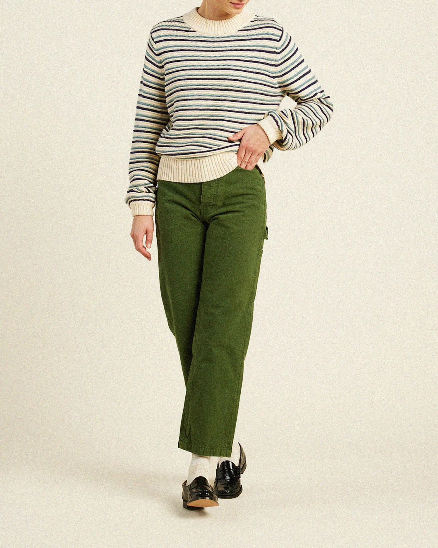 Susan Sweater Antique White With Navy & Green Stripe