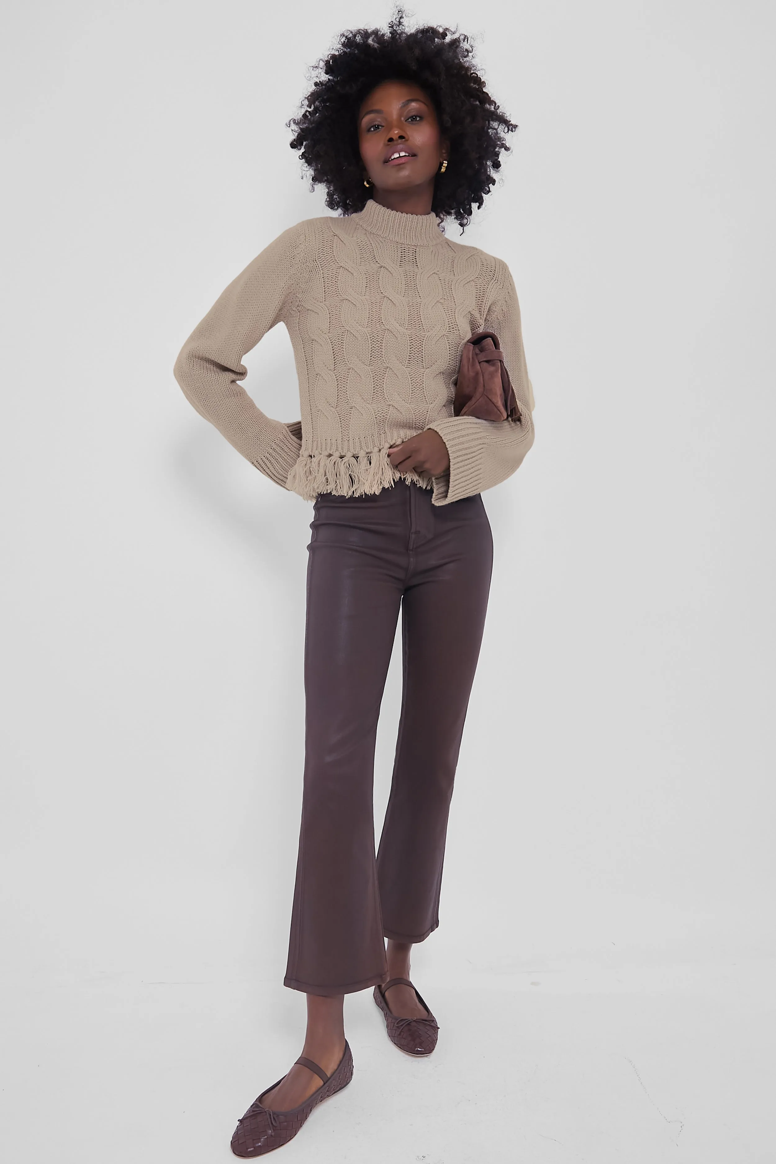 Taupe Fringe Cable Knit Sweater