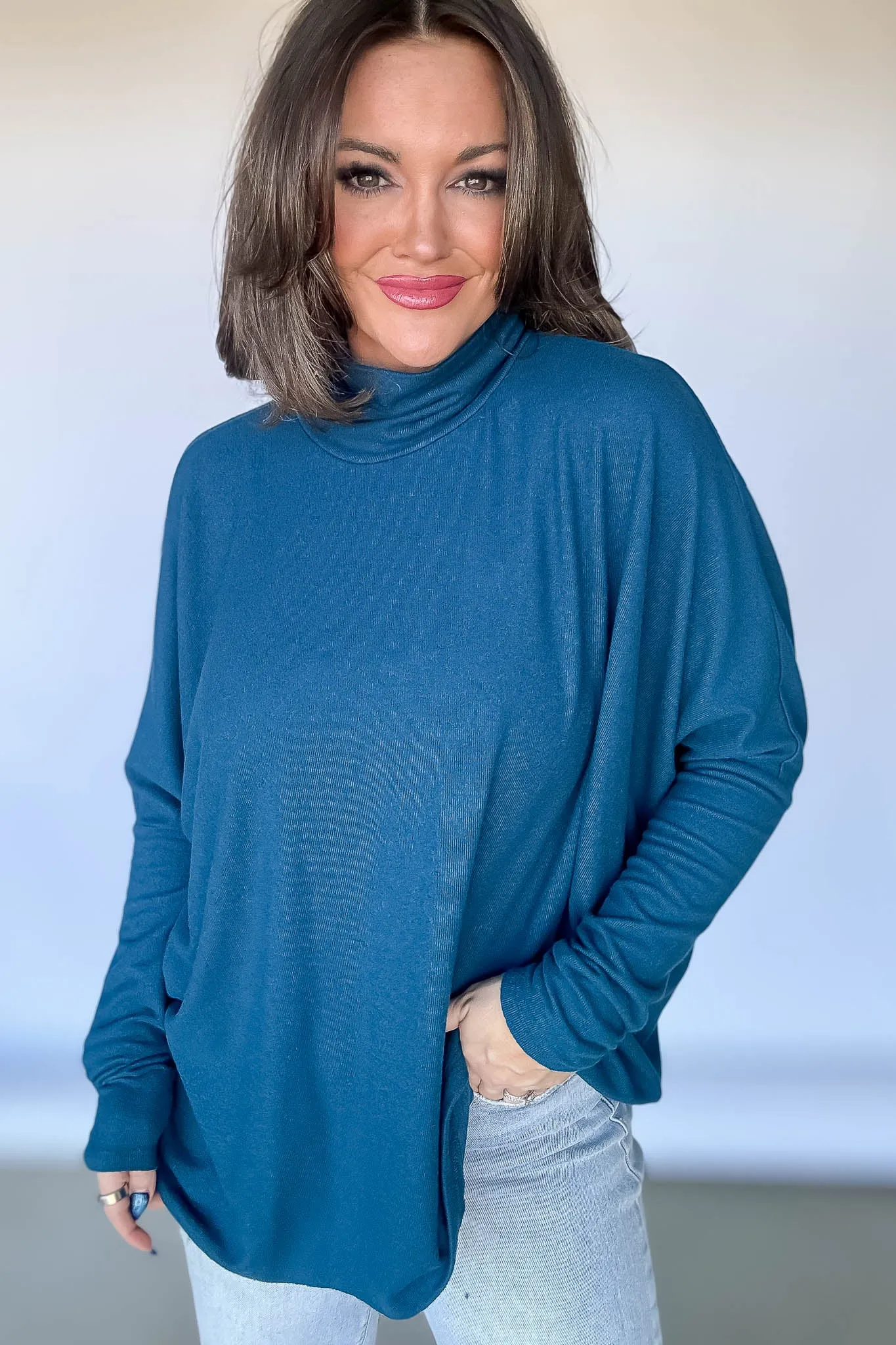 Teal Turtleneck Dolman-Sleeve Top