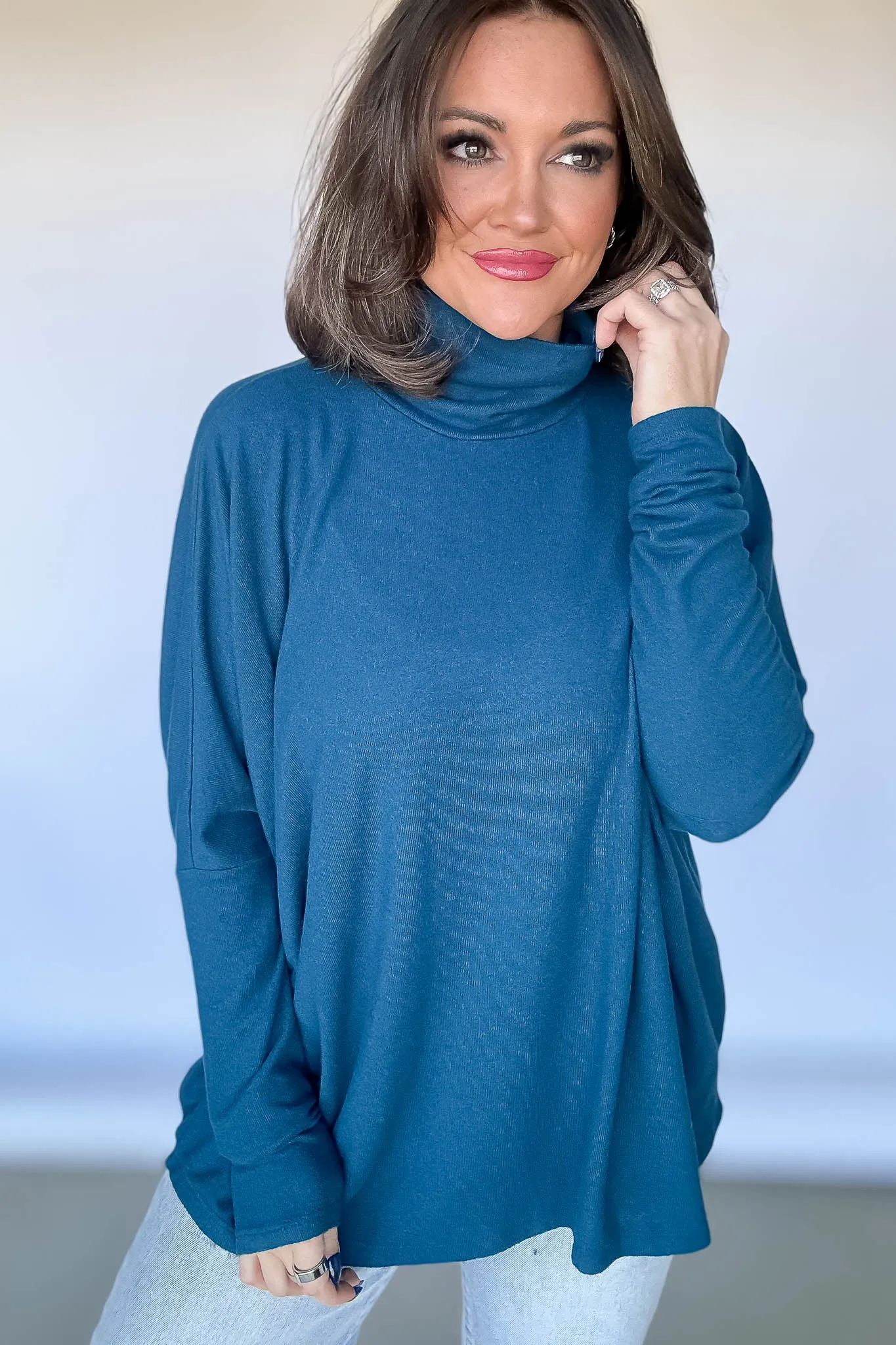 Teal Turtleneck Dolman-Sleeve Top