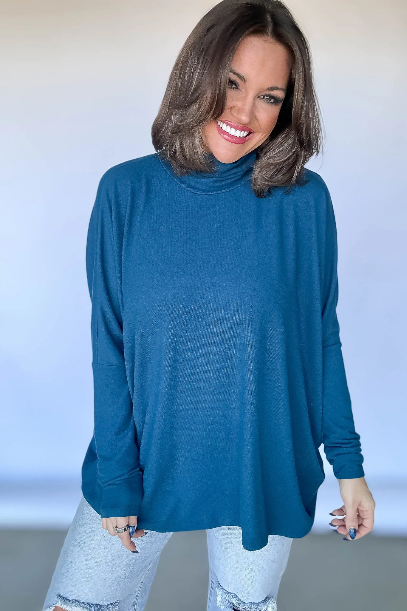 Teal Turtleneck Dolman-Sleeve Top