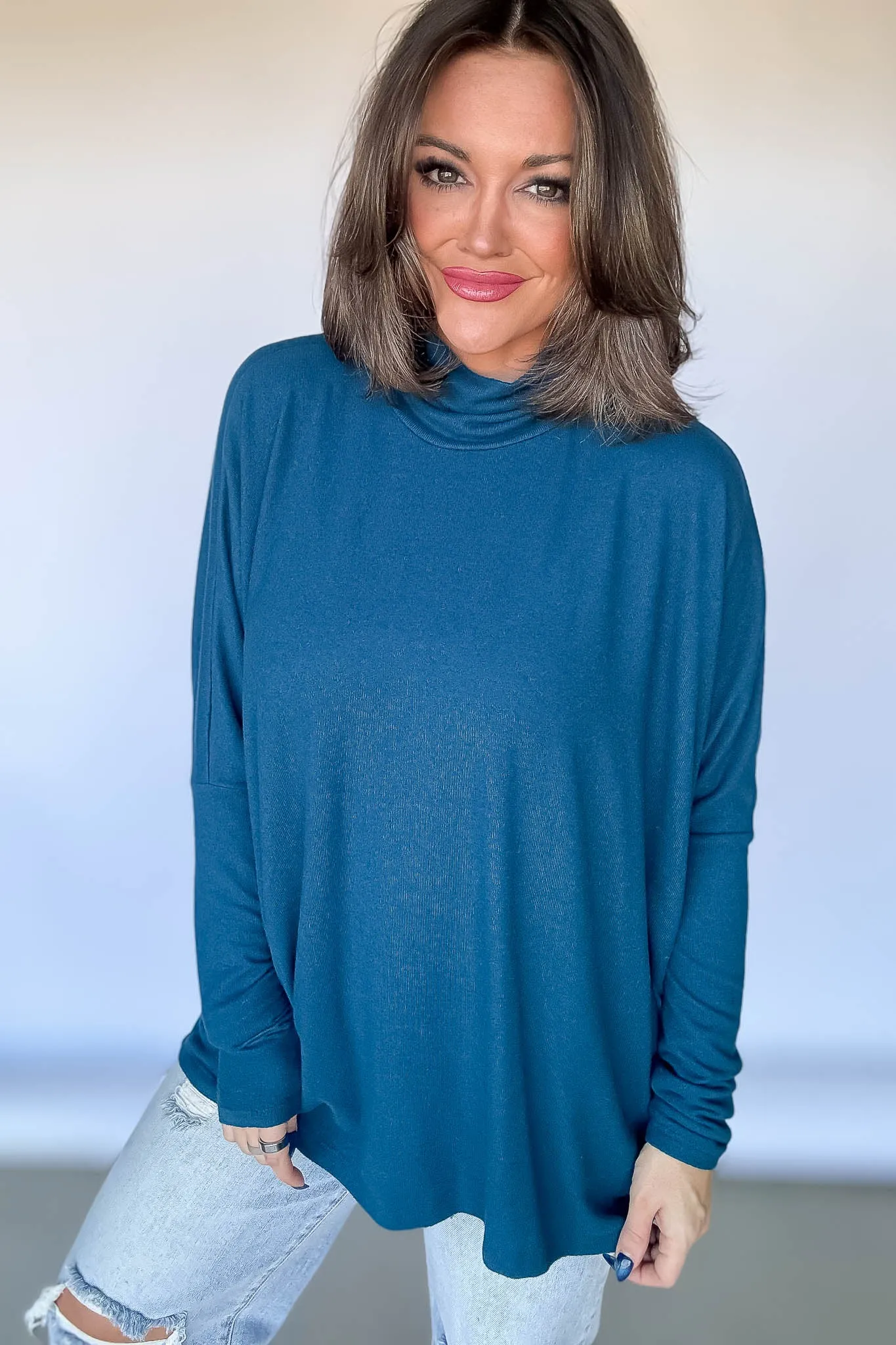 Teal Turtleneck Dolman-Sleeve Top