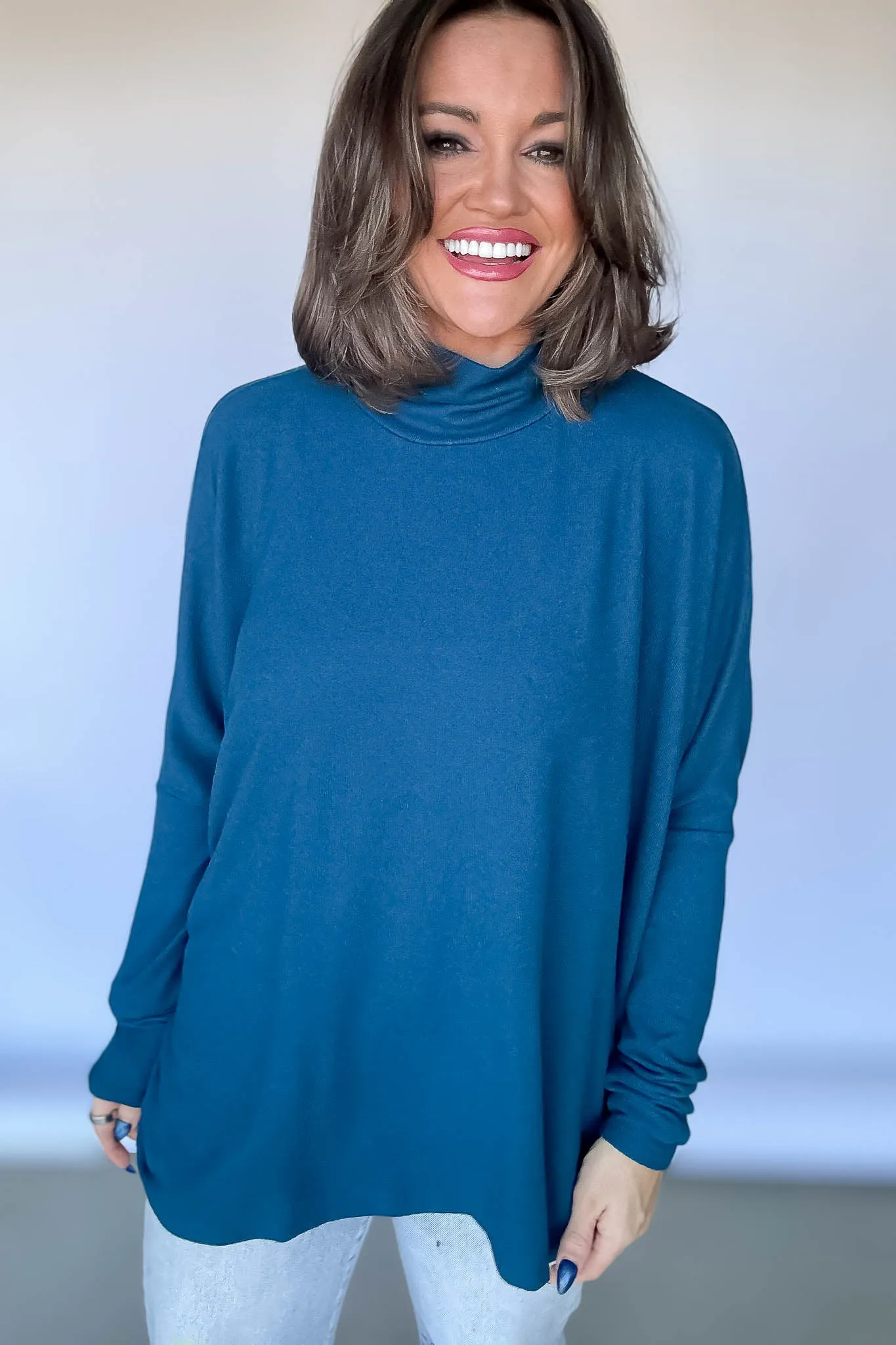 Teal Turtleneck Dolman-Sleeve Top