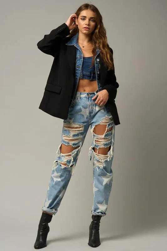 TEEK - LIGHT WASH STAR PRINT SLOUCH JEANS