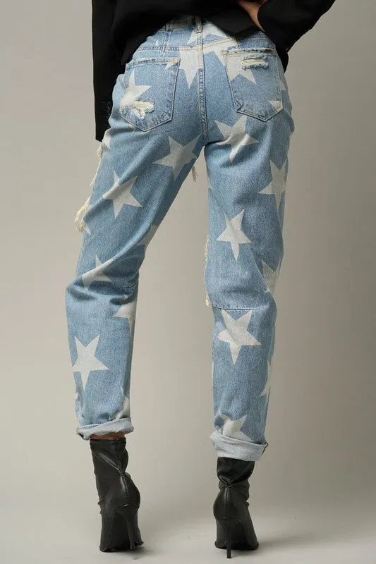 TEEK - LIGHT WASH STAR PRINT SLOUCH JEANS