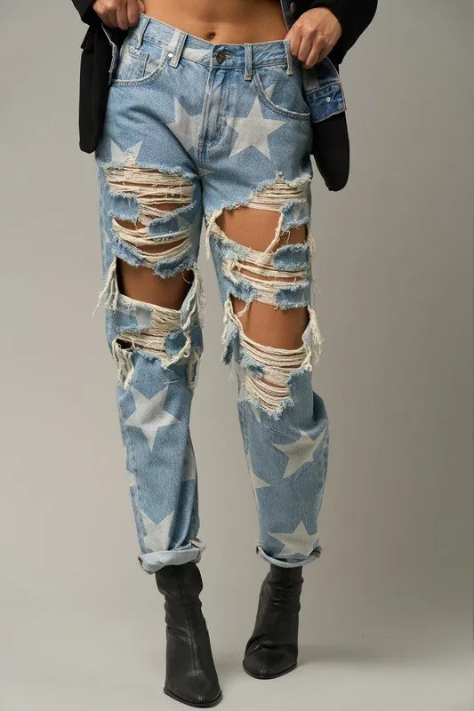 TEEK - LIGHT WASH STAR PRINT SLOUCH JEANS