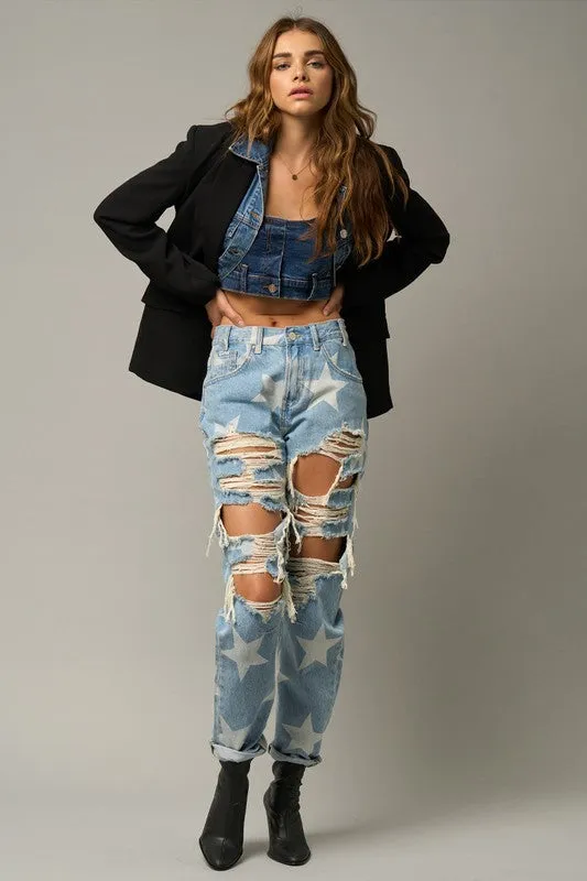 TEEK - LIGHT WASH STAR PRINT SLOUCH JEANS