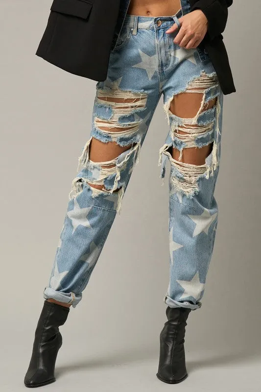 TEEK - LIGHT WASH STAR PRINT SLOUCH JEANS