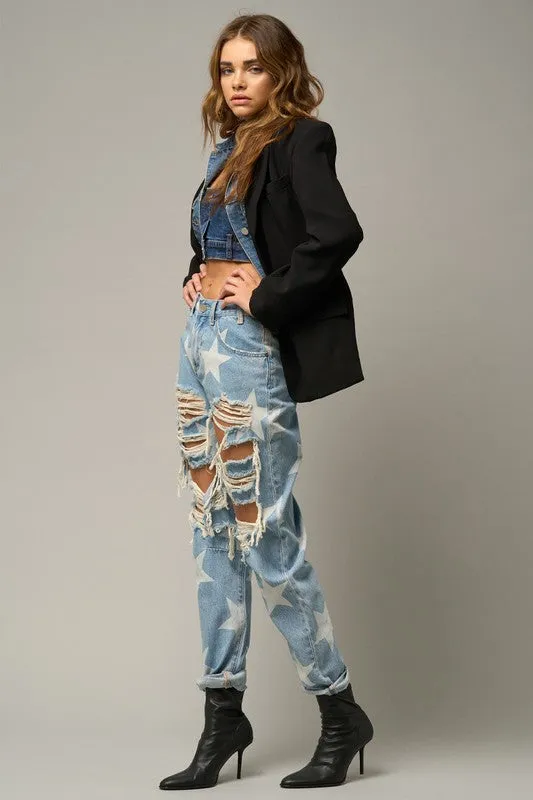 TEEK - LIGHT WASH STAR PRINT SLOUCH JEANS