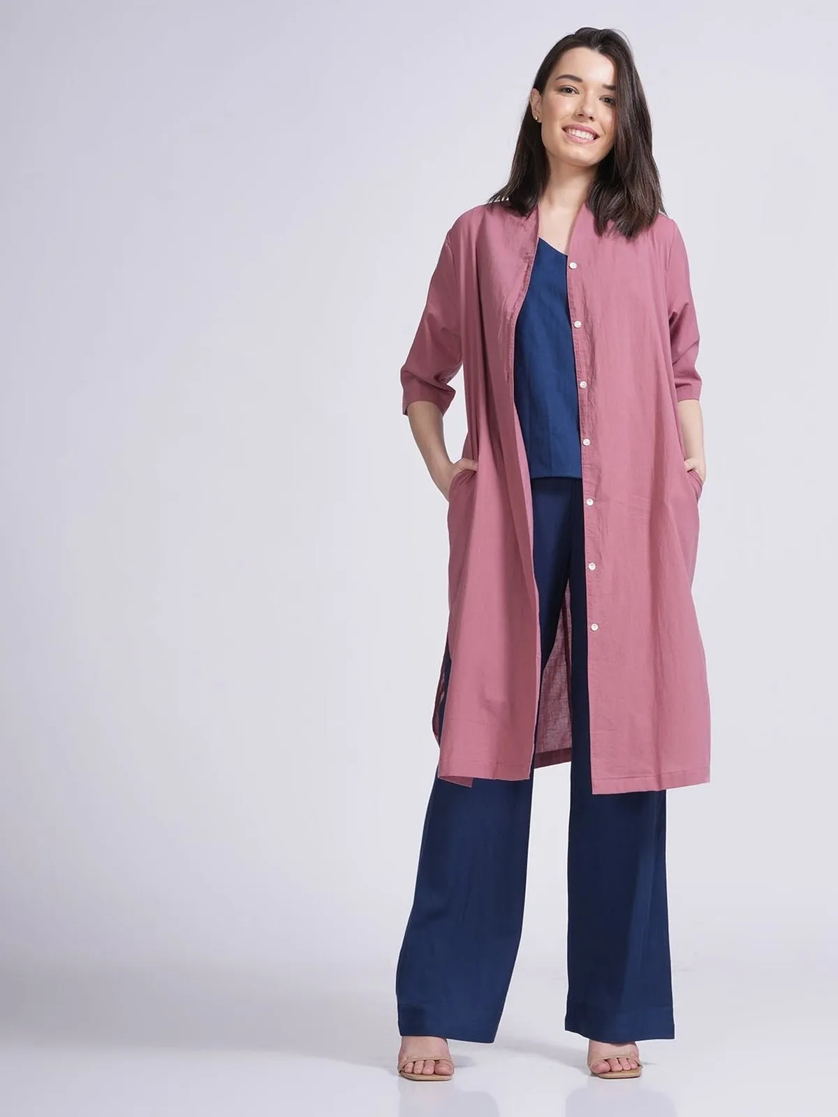 Tencel & Organic Cotton Solid Slip Top with Long Shirt and Wide Leg Pant 3-Piece Co-ord Set