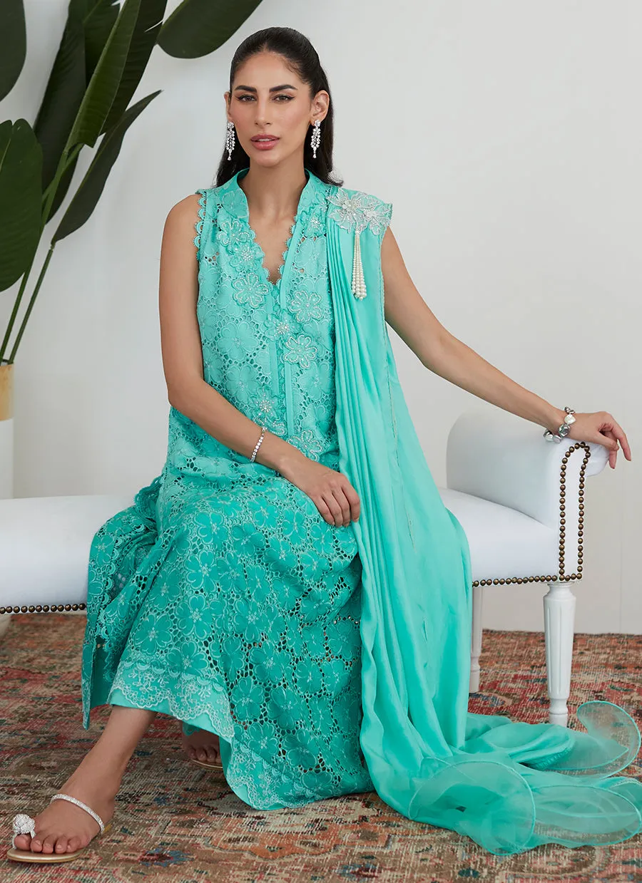 Tiffany Aqua Silk Cutwork with Pre Draped Dupatta