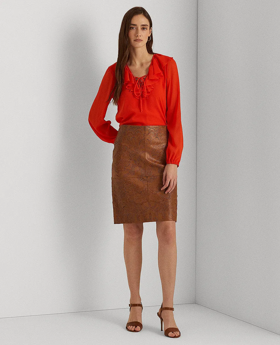 Tooled Leather Pencil Skirt In Brown