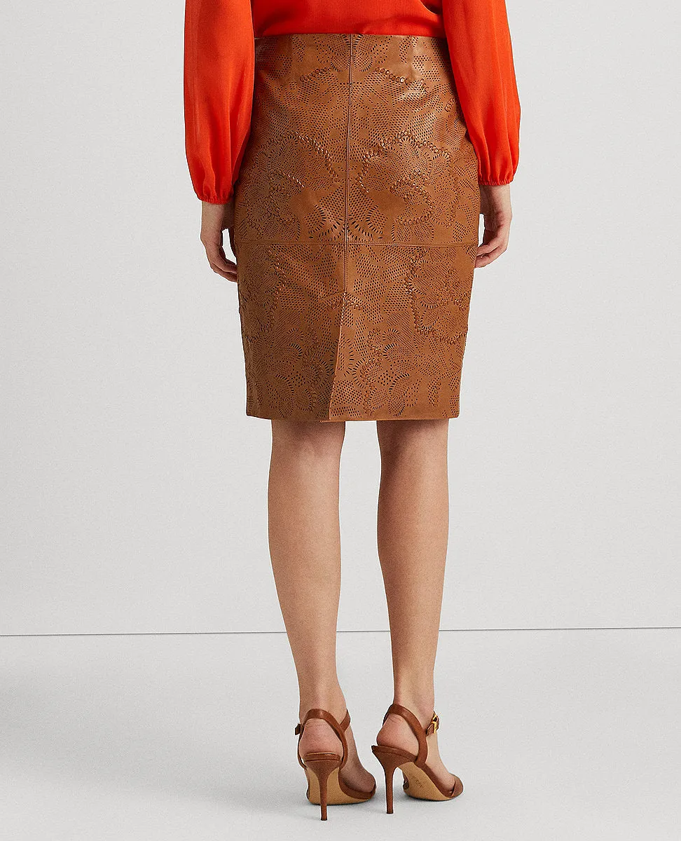 Tooled Leather Pencil Skirt In Brown