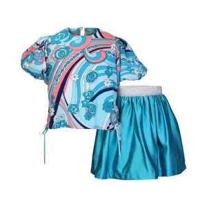 TURQUOISE FLORAL AND  PLAIN SILK BLOUSE SET