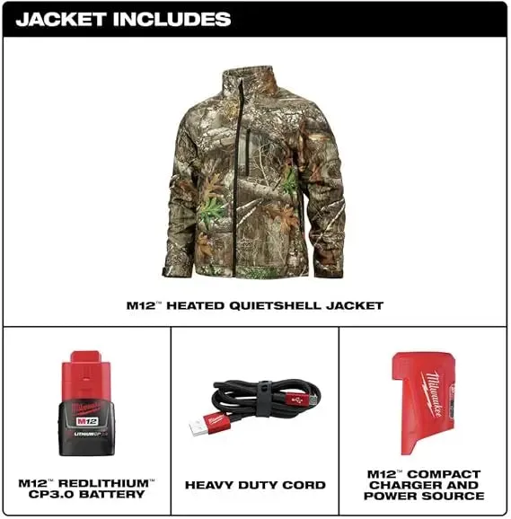 Used - Light Use - Milwaukee Men's Large M12 12V Lithium-Ion Cordless QUIETSHELL Camo Heated Jacket with (1) 3.0 Ah Battery and Charger, Camouflage