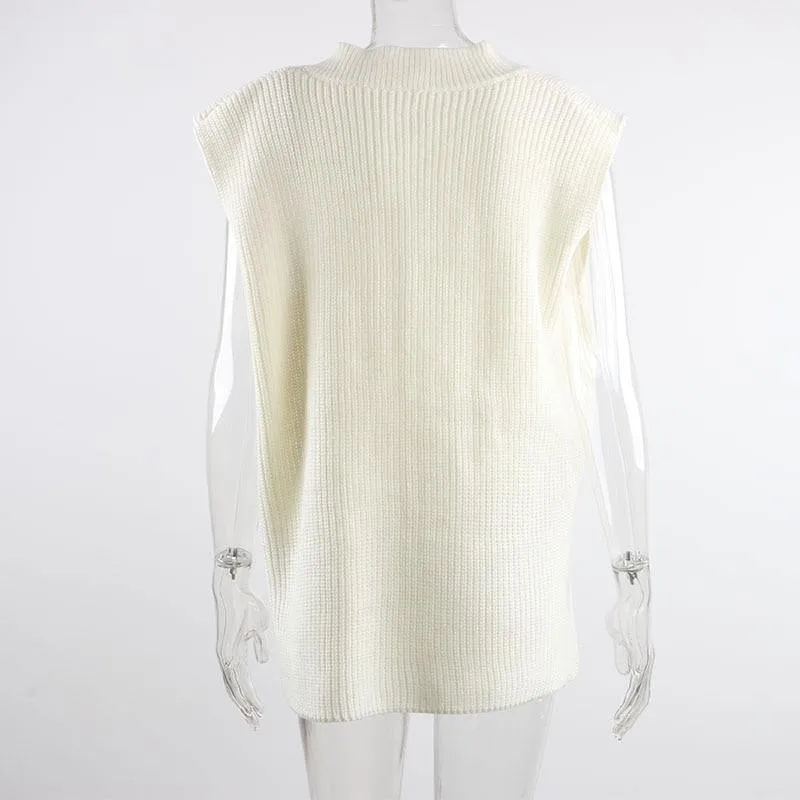 V Neck Sleeveless Sweater Vest Knitted Jumper Autumn Winter Split White Pullover Loose Over size Top