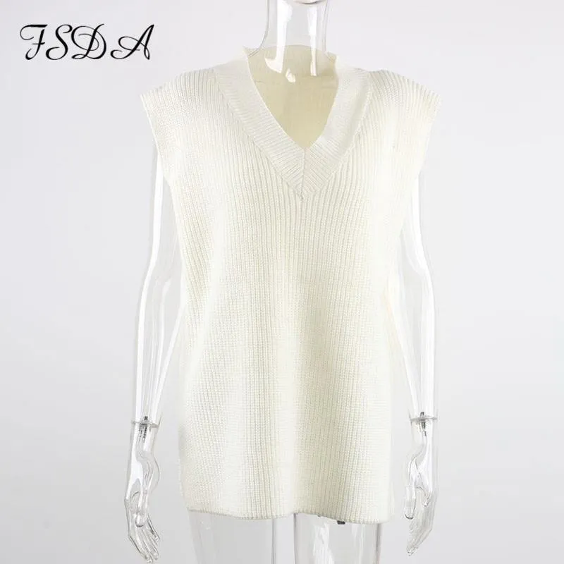 V Neck Sleeveless Sweater Vest Knitted Jumper Autumn Winter Split White Pullover Loose Over size Top