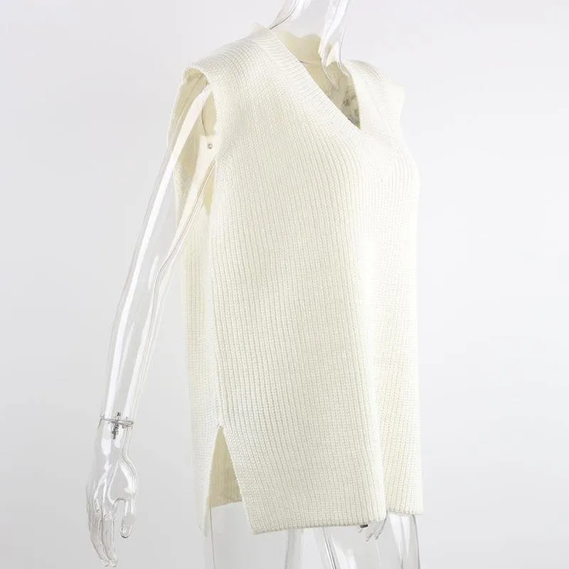 V Neck Sleeveless Sweater Vest Knitted Jumper Autumn Winter Split White Pullover Loose Over size Top