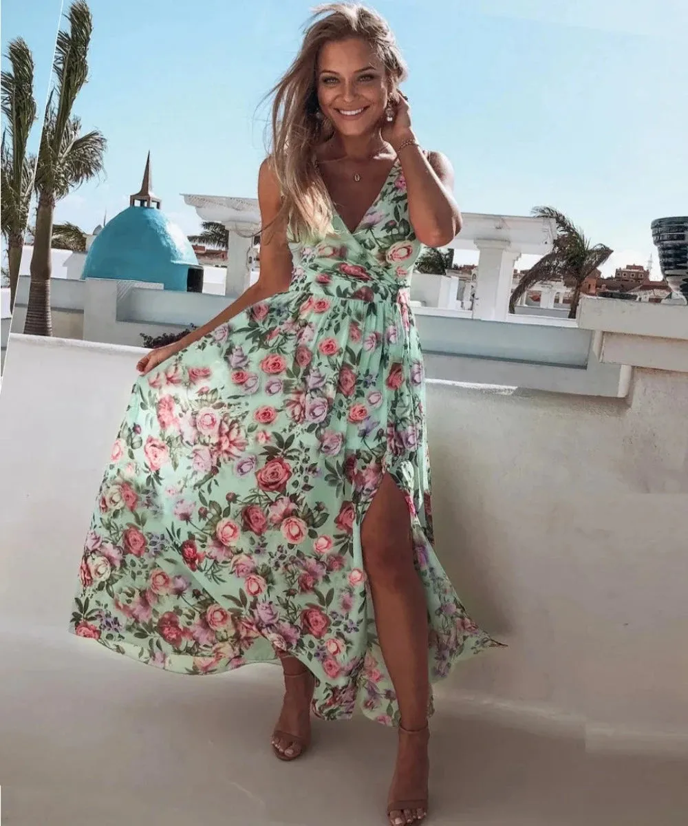 V Neck Split Floral Print Long Spaghetti Strap Chiffon Elegant Maxi Dress