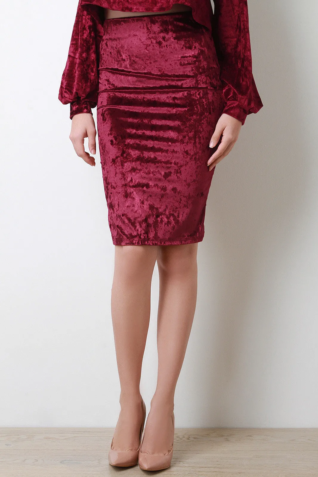 Velvet Pencil Cut Midi Skirt