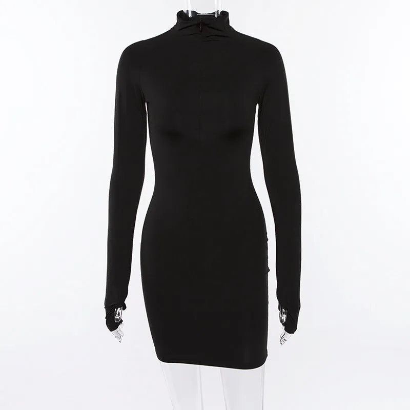 VenusFox Neon Color Dress Sexy Skinny Zipper Front Long Sleeve Dress