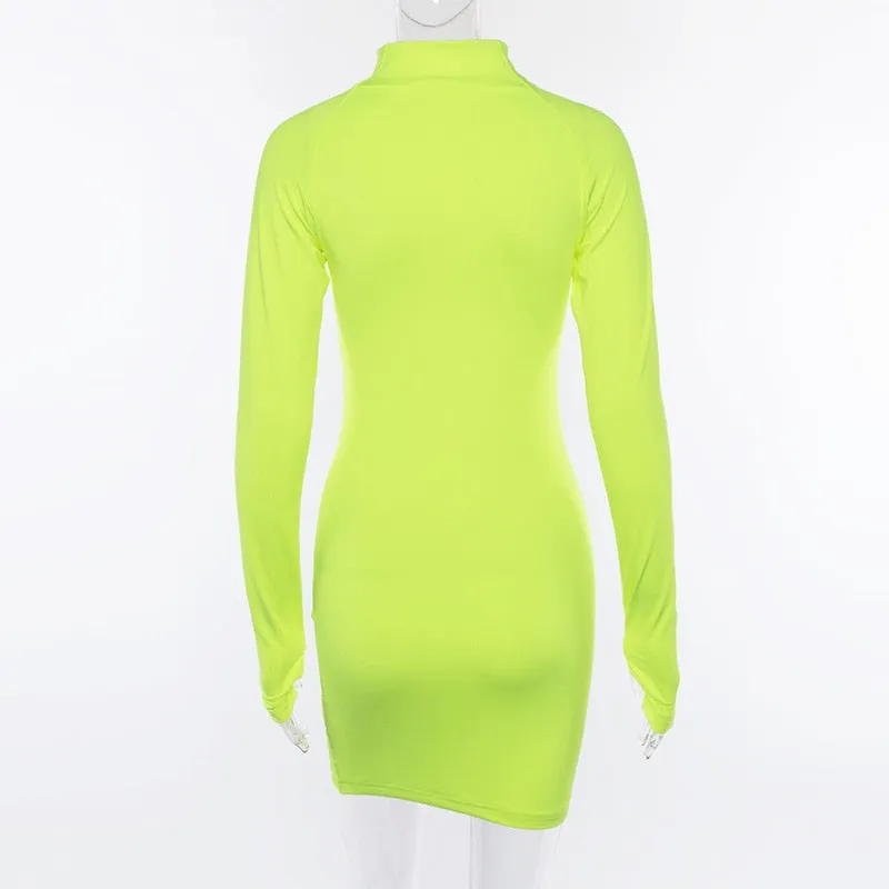 VenusFox Neon Color Dress Sexy Skinny Zipper Front Long Sleeve Dress