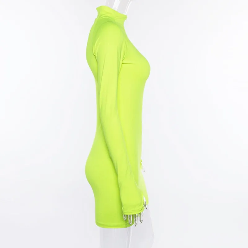 VenusFox Neon Color Dress Sexy Skinny Zipper Front Long Sleeve Dress