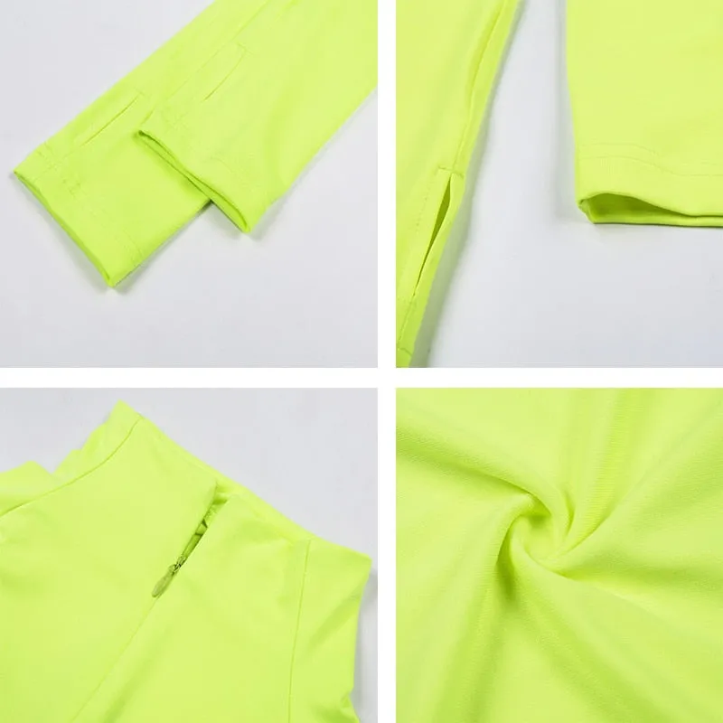 VenusFox Neon Color Dress Sexy Skinny Zipper Front Long Sleeve Dress