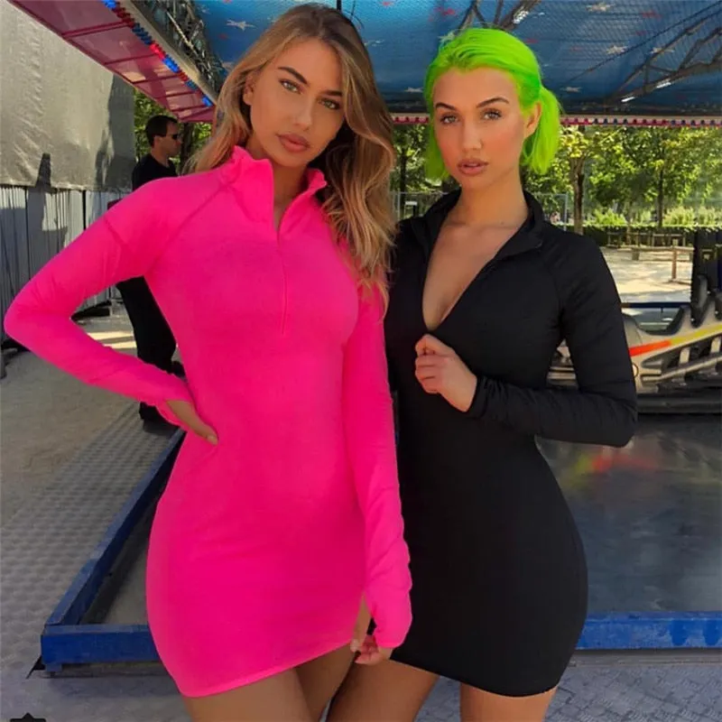 VenusFox Neon Color Dress Sexy Skinny Zipper Front Long Sleeve Dress