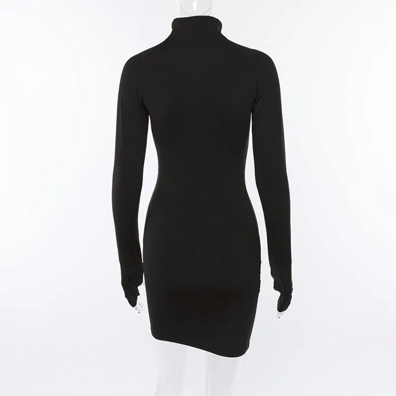 VenusFox Neon Color Dress Sexy Skinny Zipper Front Long Sleeve Dress