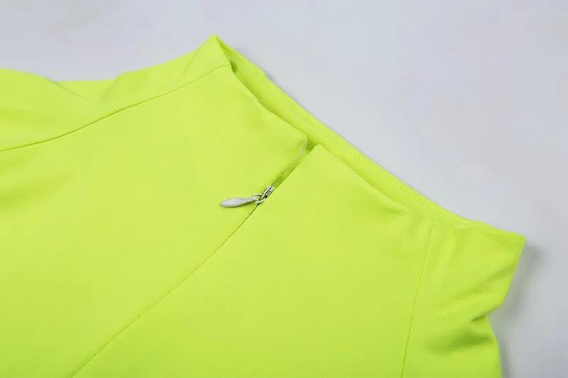 VenusFox Neon Color Dress Sexy Skinny Zipper Front Long Sleeve Dress