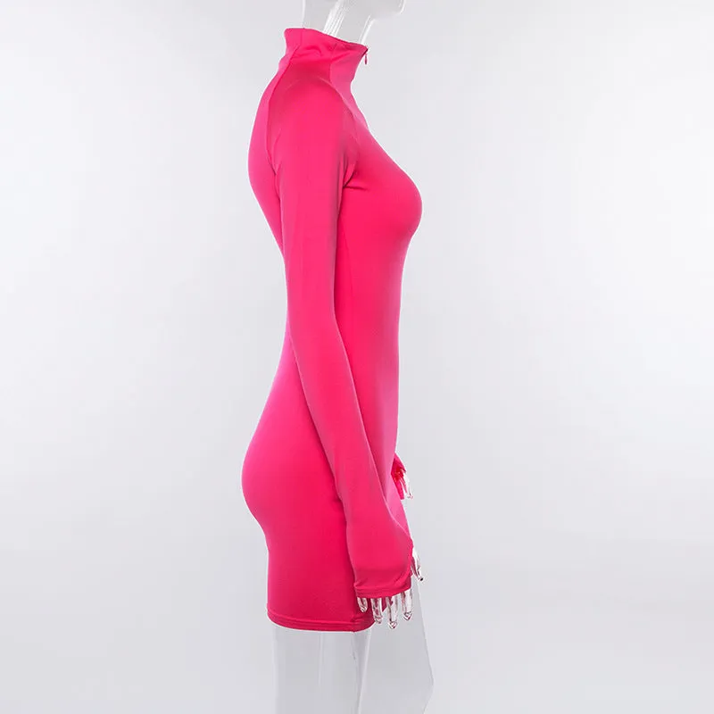 VenusFox Neon Color Dress Sexy Skinny Zipper Front Long Sleeve Dress