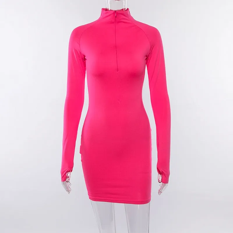 VenusFox Neon Color Dress Sexy Skinny Zipper Front Long Sleeve Dress