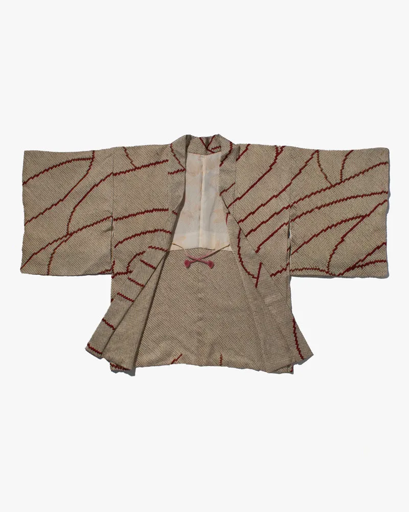 Vintage Haori Jacket, Full Shibori, Cream/ Olive Green with Red Abstract lines